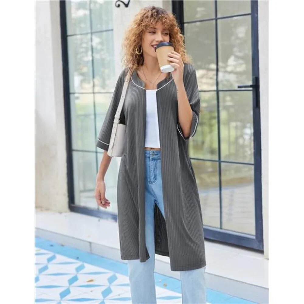 Women Robes Zipper Front 3/4 Sleeve Housecoat Zip Up Bathrobes - Picture 4 of 5